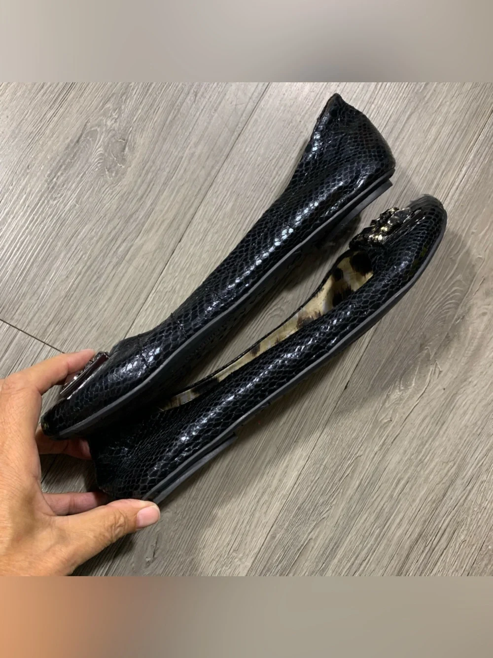 Sam Edelman “Caper” Snakeskin Embossed Texture Black Rhinestone Ballet Flats 11